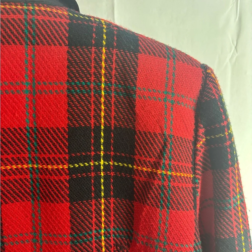 VTG Red+Black Plaid Bomber Jacket Faux‎ Suede Collar Gold+Black Epaulet Size S/M